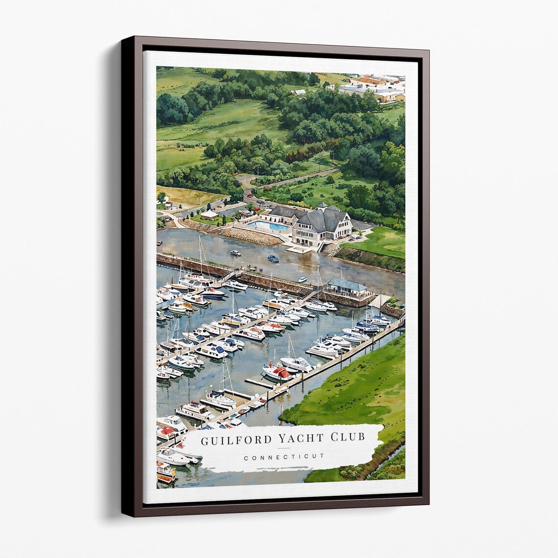 Guilford Yacht Club Connecticut Watercolor Marina Aerial Travel Poster