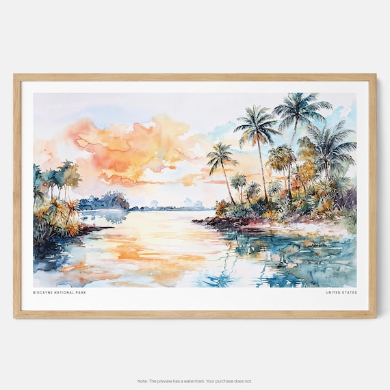 Biscayne National Park Watercolor Tropical Sunset Palm Poster