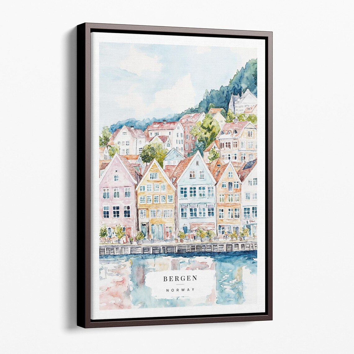 Bergen Norway Waterfront Houses Watercolor Scenic Travel Poster