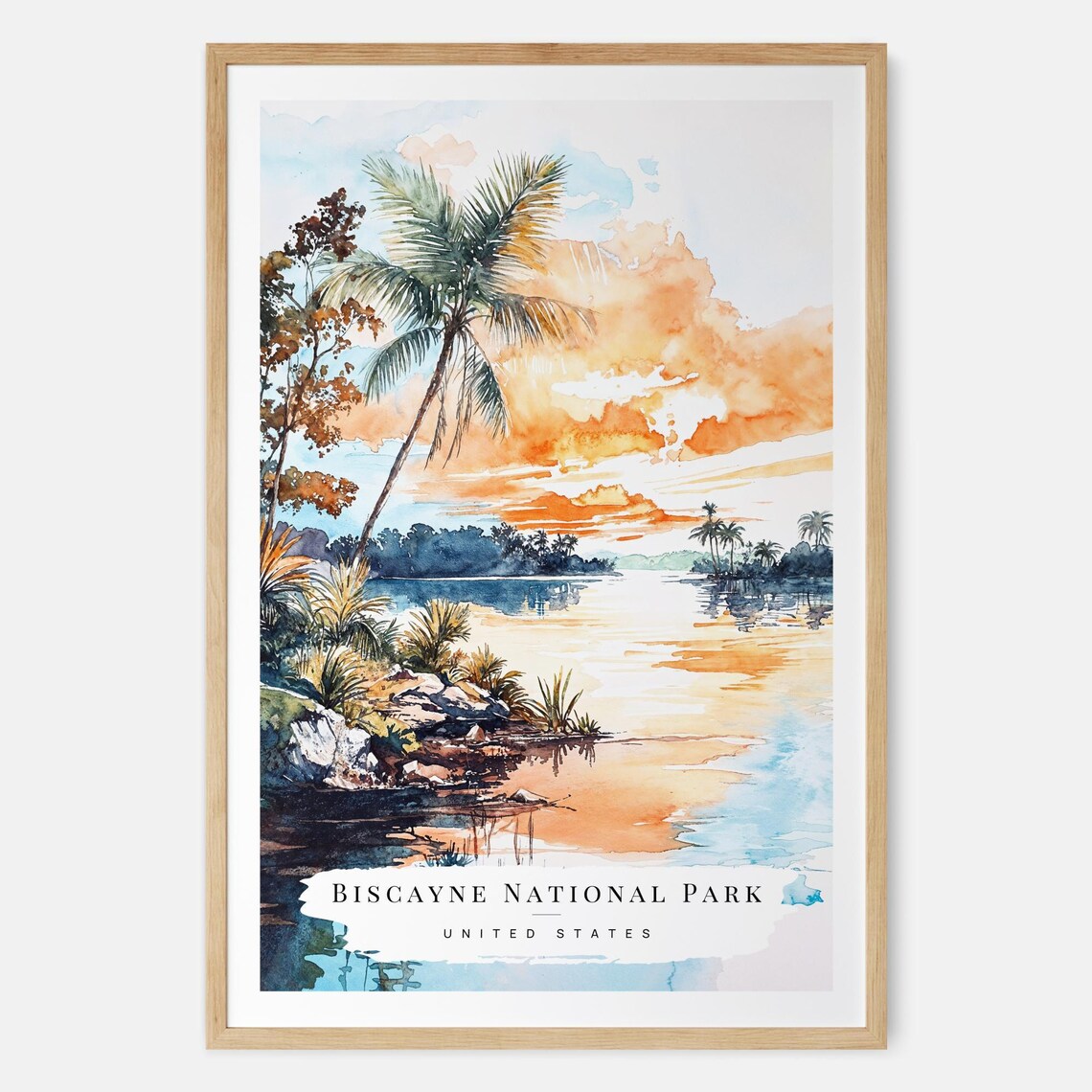 Biscayne National Park Florida Tropical Shore Watercolor Travel Poster