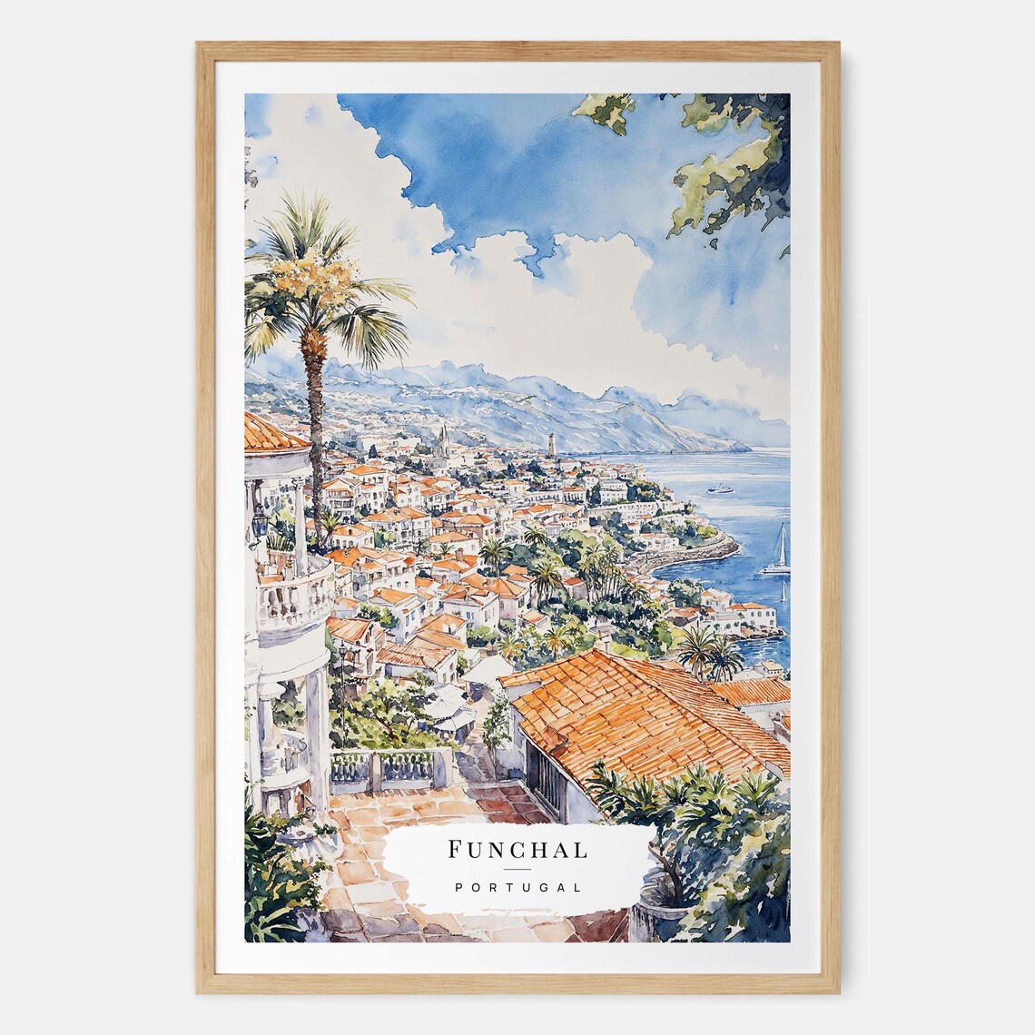 Funchal Madeira Portugal Bay Watercolor Coastal City View Poster