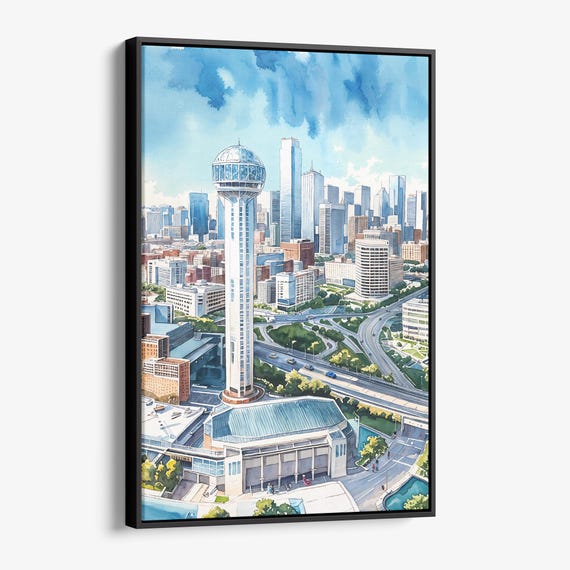 Dallas Texas Skyline Canvas Print Vibrant Watercolor Cityscape Art