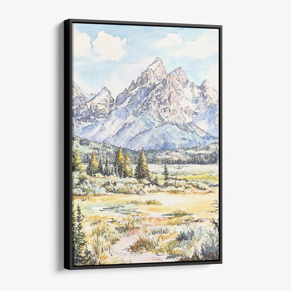 Grand Teton Watercolor Canvas Print Scenic Mountain Landscape Wall Art