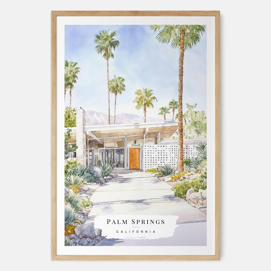Palm Springs Midcentury Home Watercolor Poster California Travel Wall Decor