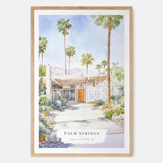 Palm Springs Midcentury Home Watercolor Poster California Travel Wall Decor