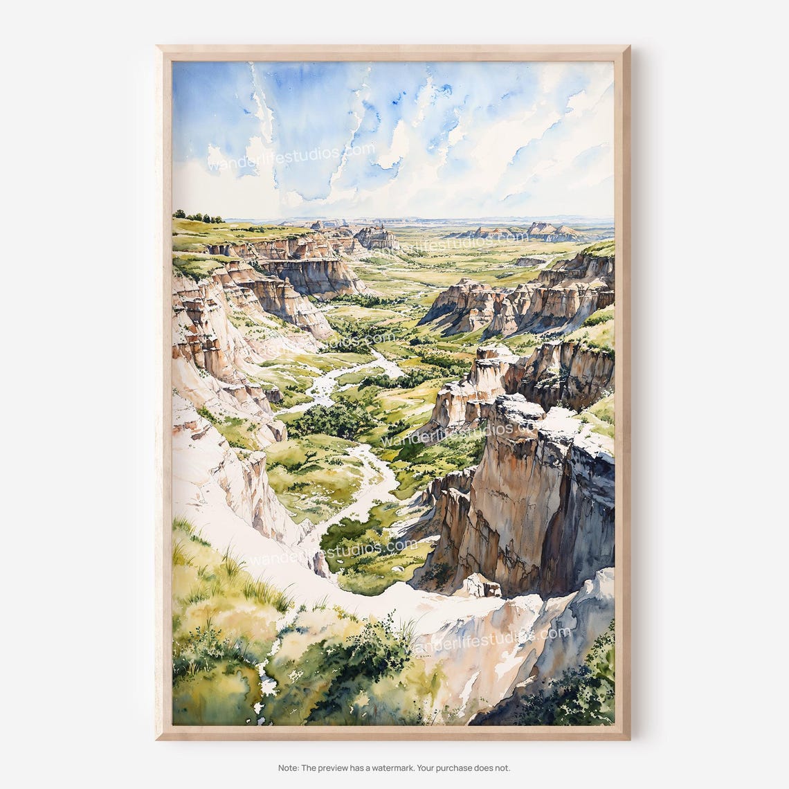 Badlands Eroded Buttes Canyon Valley Watercolor Landscape Poster