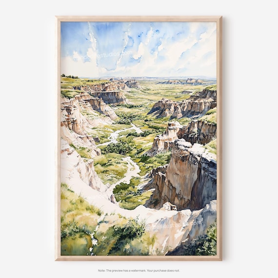 Badlands Eroded Buttes Canyon Valley Watercolor Landscape Poster