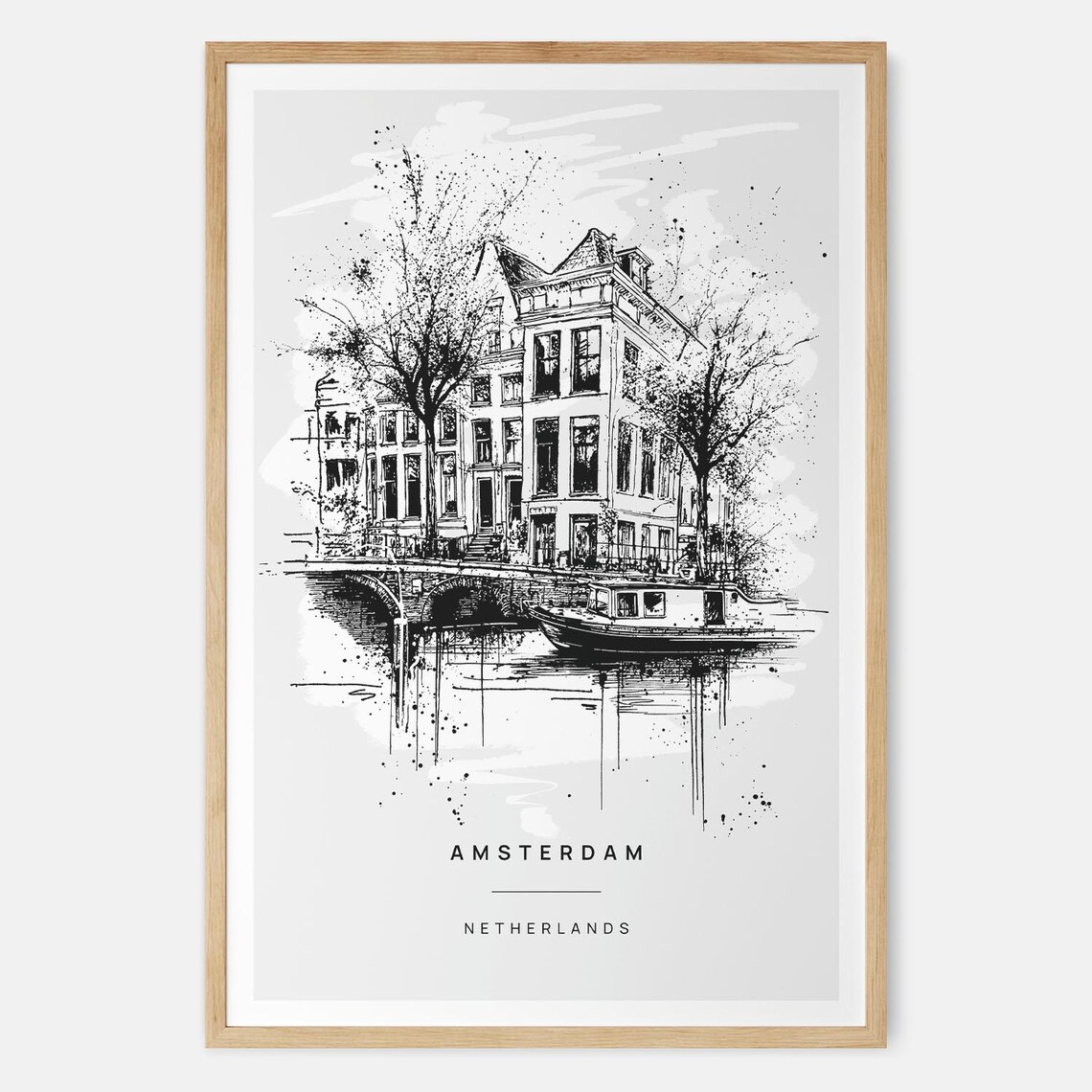 Amsterdam Canal House Netherlands Pen Line Sketch City Travel Poster