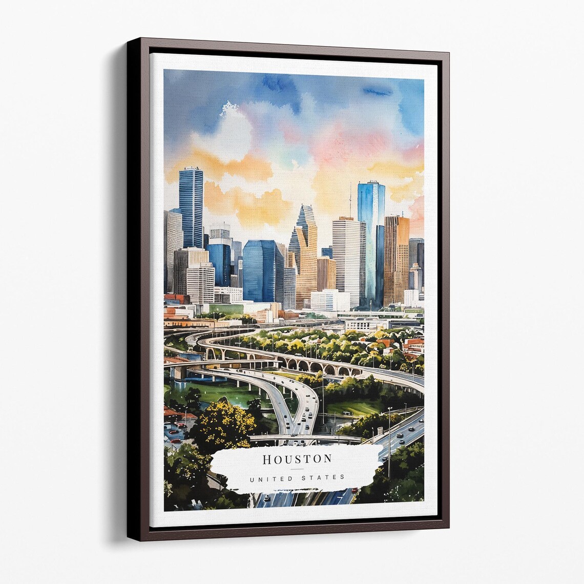 Houston Texas Canvas Art Print Watercolor Cityscape Wall Decor
