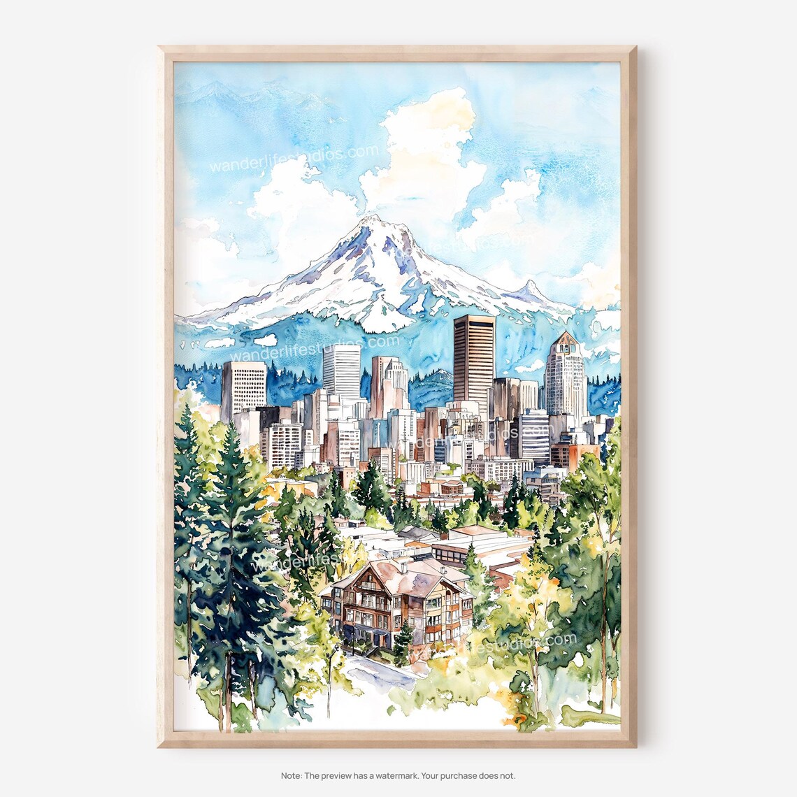 Portland Oregon Wall Art Cityscape Watercolor