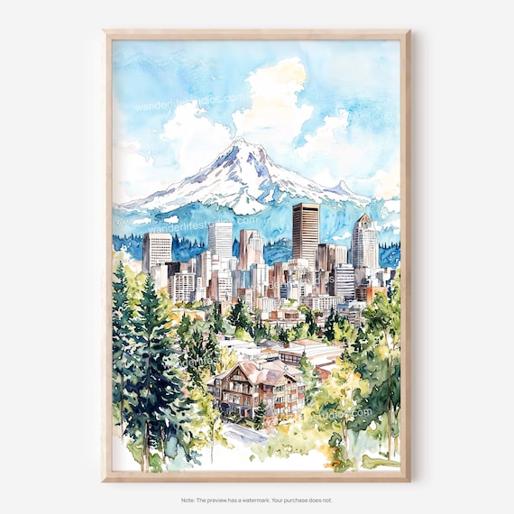Portland Oregon Wall Art Cityscape Watercolor