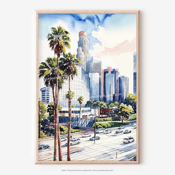 Los Angeles Downtown Wall Art Watercolor Style For Instant Print