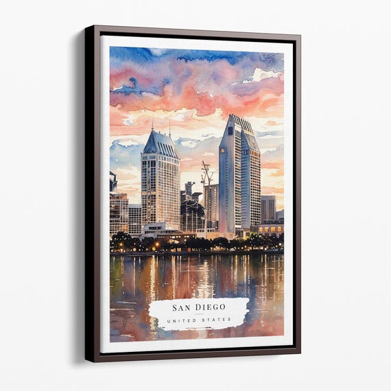 San Diego Skyline Watercolor Canvas Art Print Urban Sunset Wall Decor