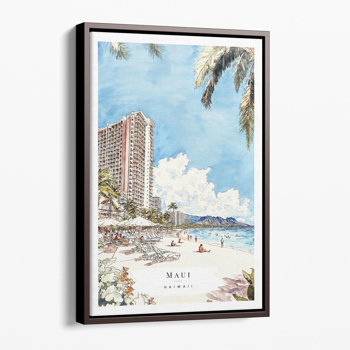 Maui Hawaii Beach Resort Watercolor Tropical Island Travel Poster