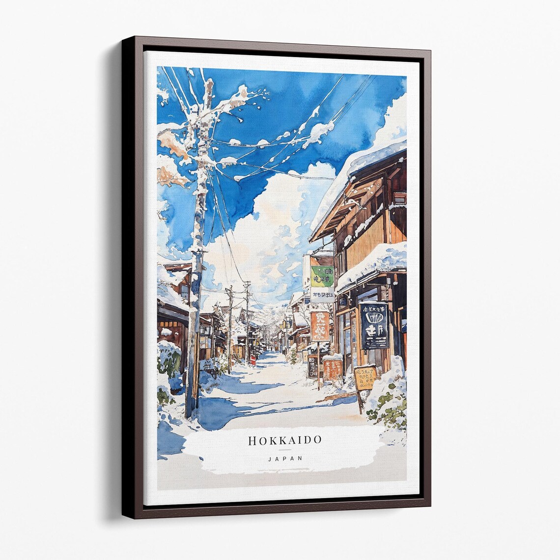 Hokkaido Japan Snowy Village Street Watercolor Winter Travel Poster
