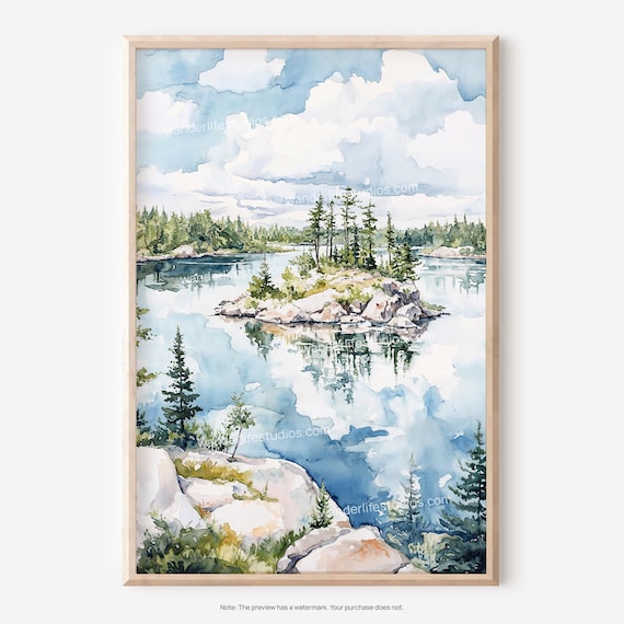 Rocky Lake Island Pine Watercolor Voyageurs National Park Poster