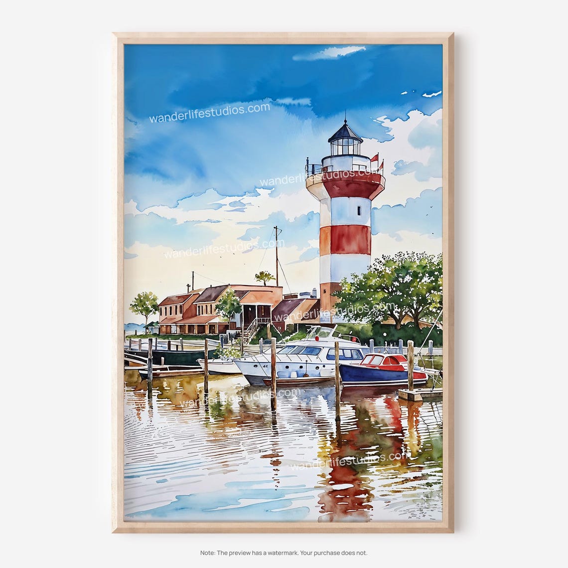 Hilton Head Lighthouse Harbor Boats Coastal Watercolor Poster