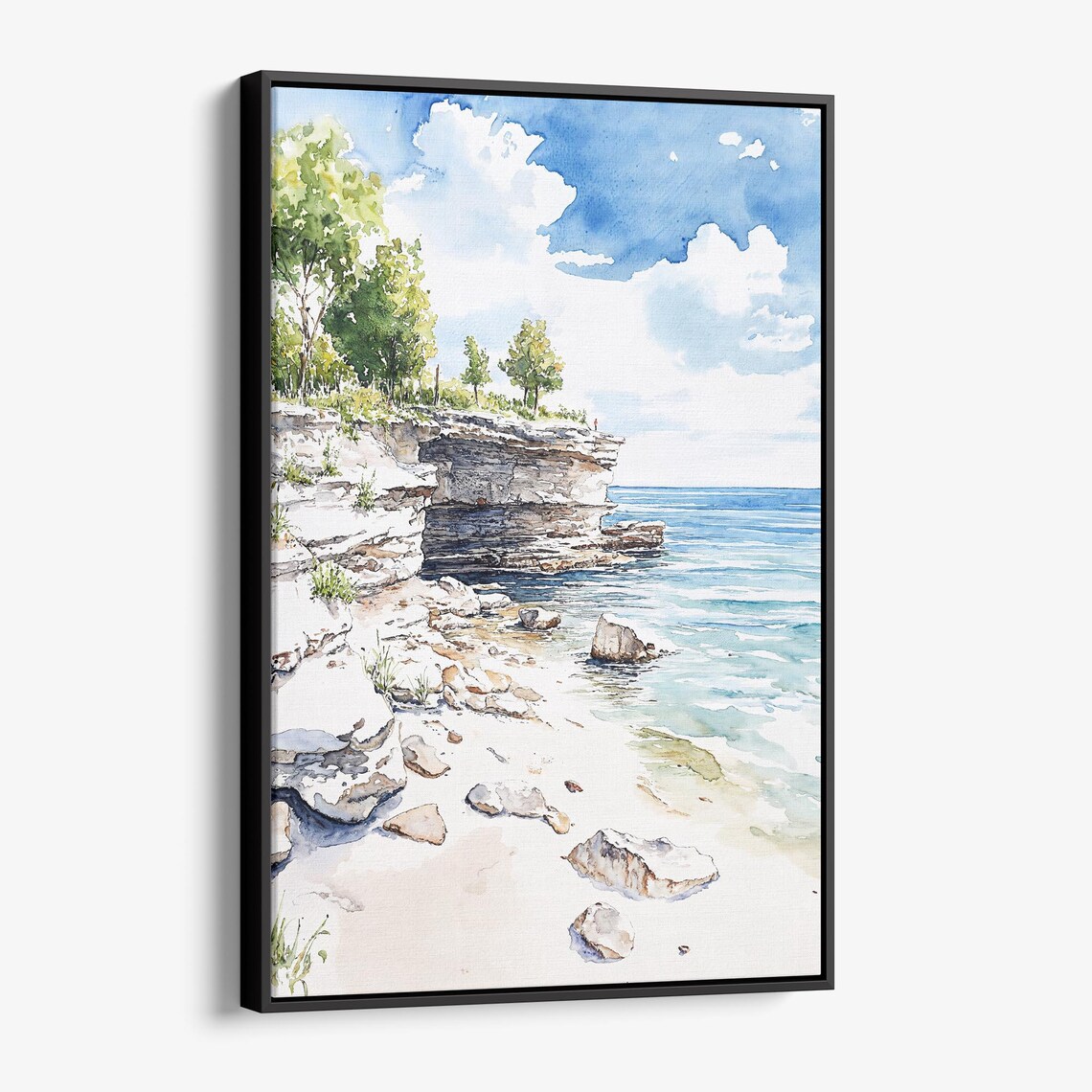 White Limestone Cliffs On Blue Lakeshore Watercolor Coastal Scene Poster