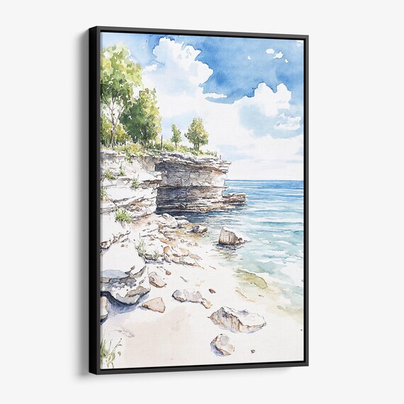 White Limestone Cliffs On Blue Lakeshore Watercolor Coastal Scene Poster