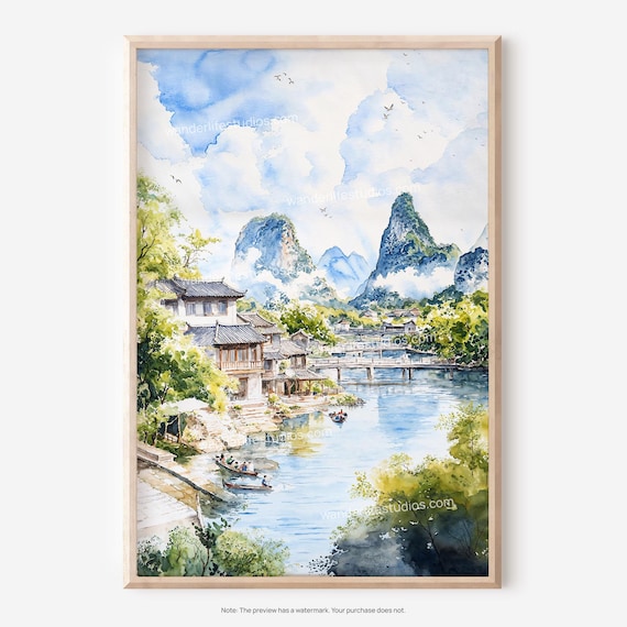 Guilin China Karst Mountains River Village Watercolor Landscape Print