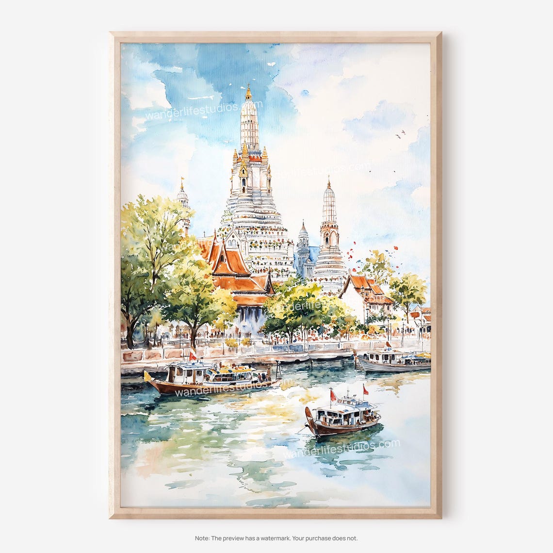 Wat Arun Bangkok Temple River Watercolor Travel Scene Art Poster