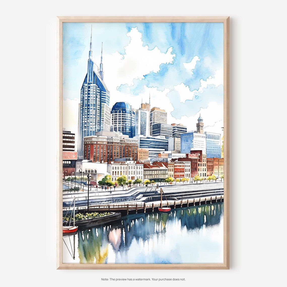 Nashville Skyline Wall Art Watercolor Cityscape For Instant Printing