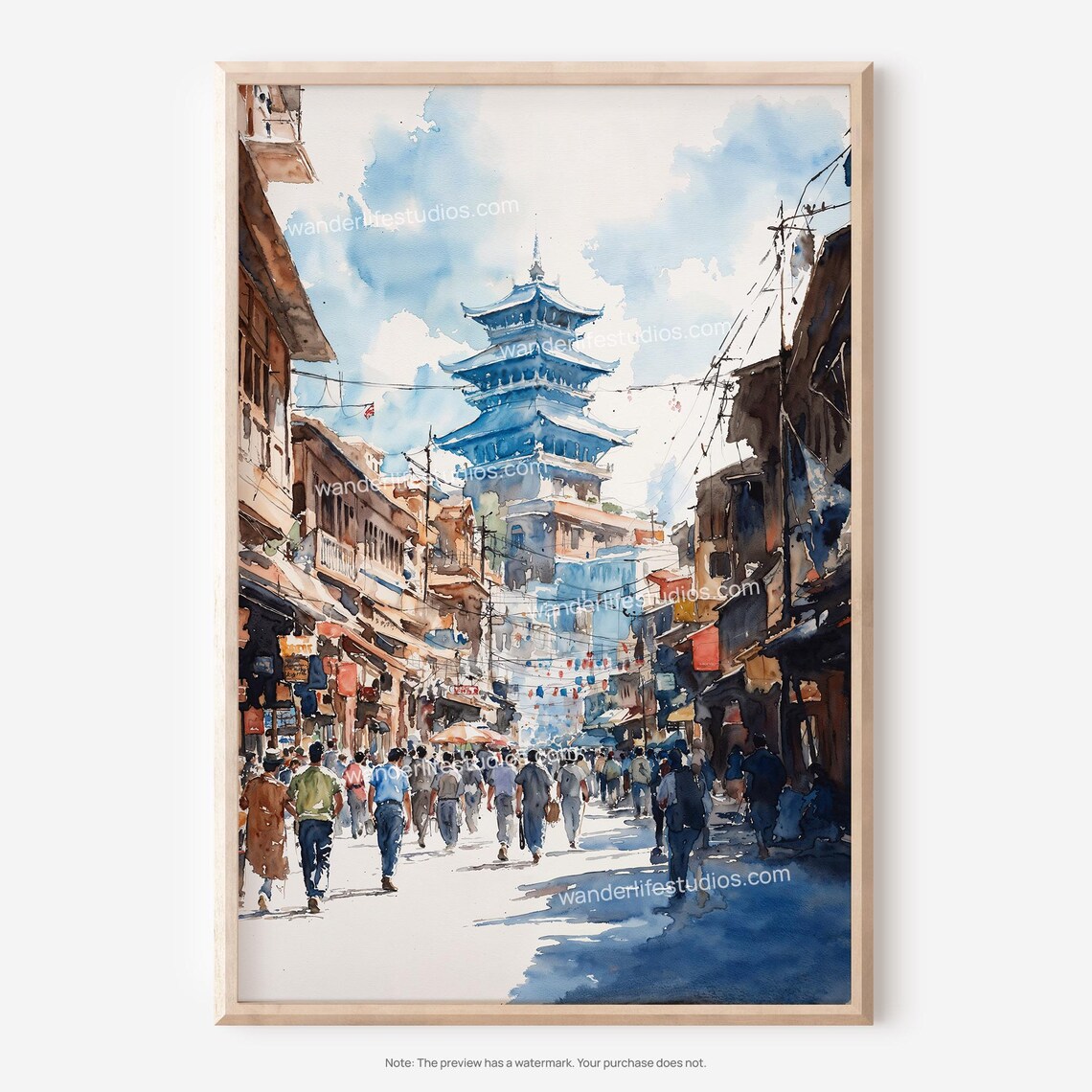 Kathmandu Nepal Bustling Street Pagoda Temple Watercolor Poster
