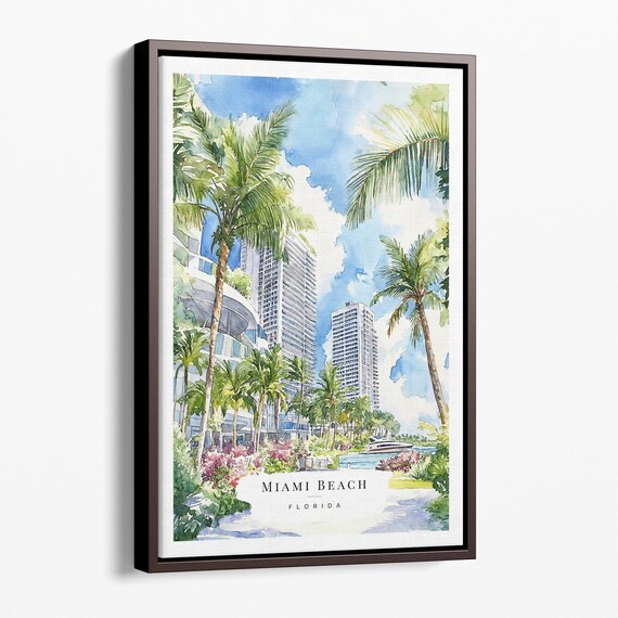 Miami Beach Florida Palm Trees Beachfront Watercolor Travel Poster