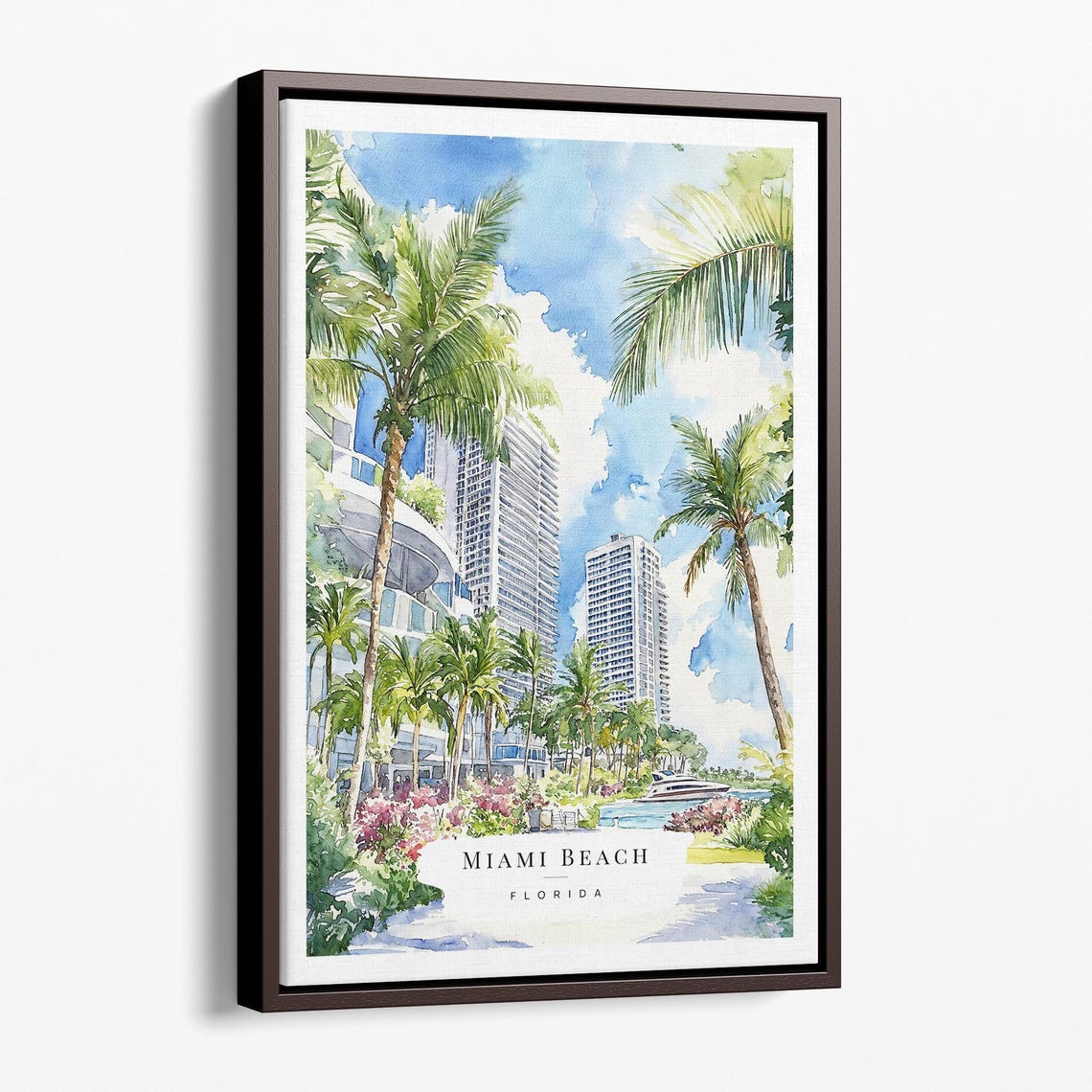Miami Beach Florida Palm Trees Beachfront Watercolor Travel Poster