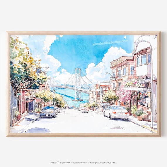 Lombard Street San Francisco Bay Bridge Watercolor City Poster