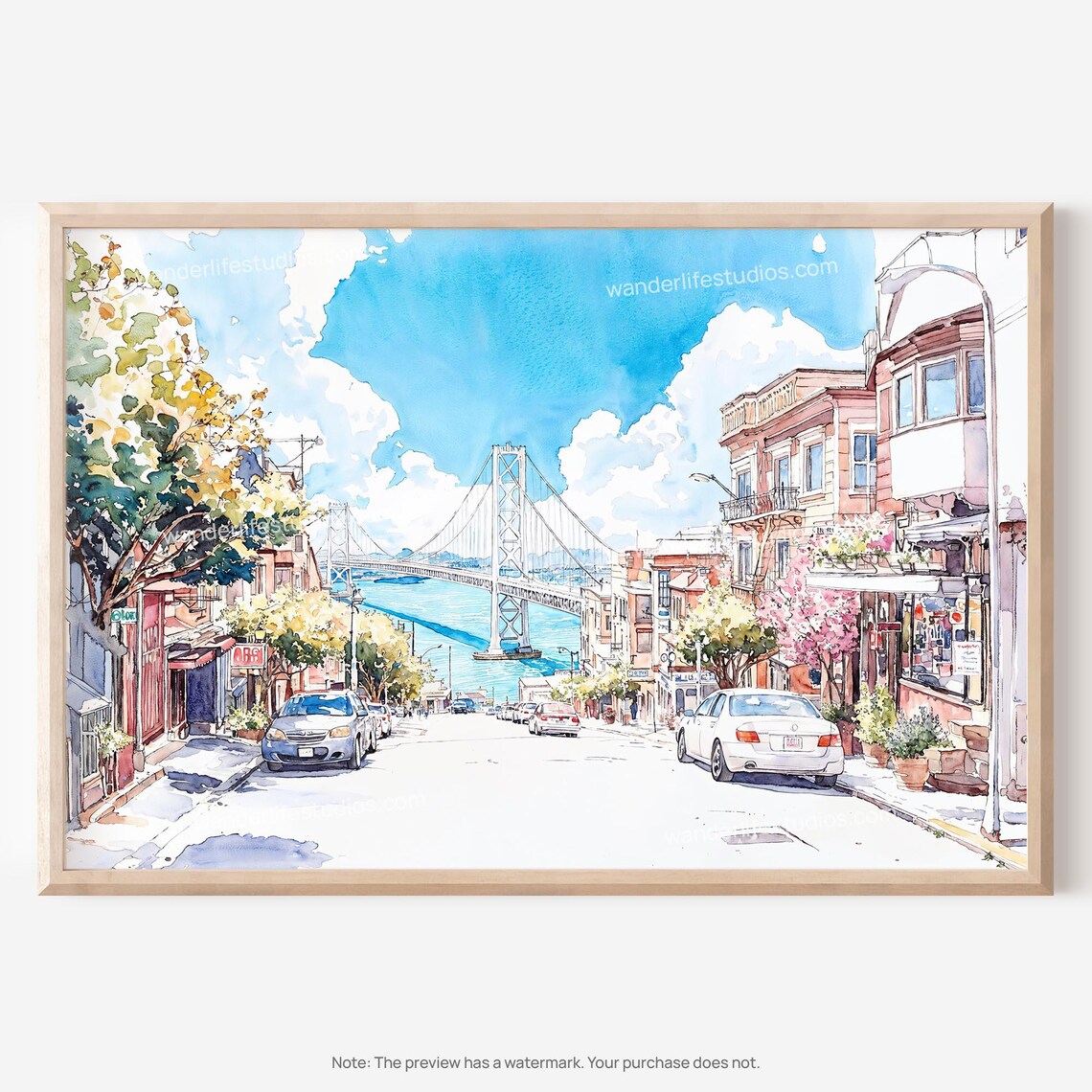 Lombard Street San Francisco Bay Bridge Watercolor City Poster
