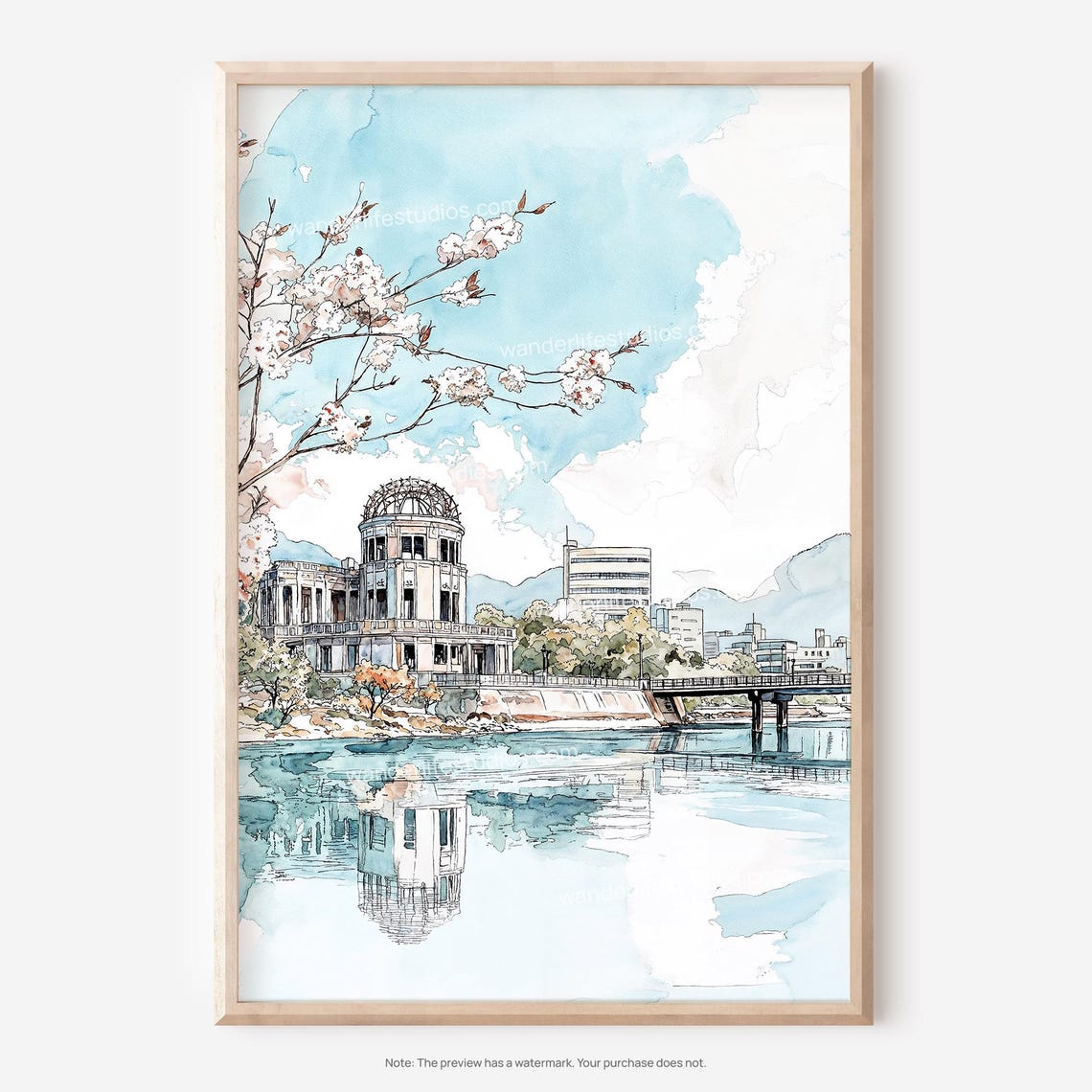 Hiroshima Atomic Bomb Dome Cherry Blossom Watercolor Japan Poster