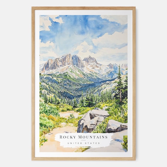 Rocky Mountains Watercolor Alpine Peaks And Forest Travel Poster