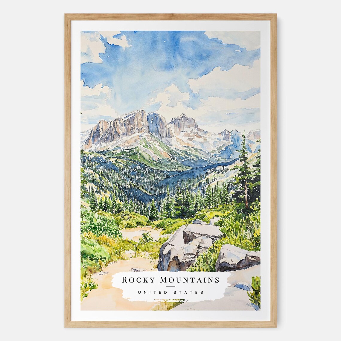 Rocky Mountains Watercolor Alpine Peaks And Forest Travel Poster