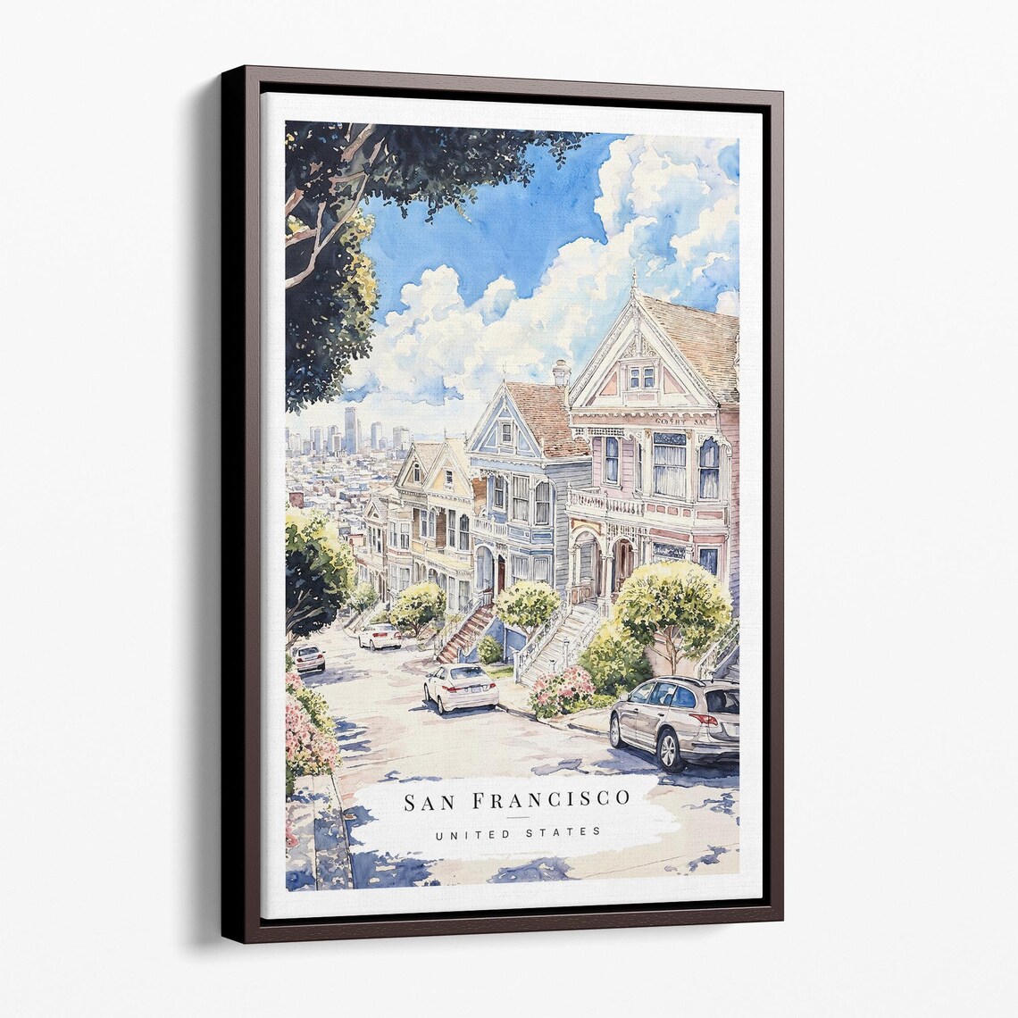 San Francisco Victorian Houses Watercolor City Travel Art Poster