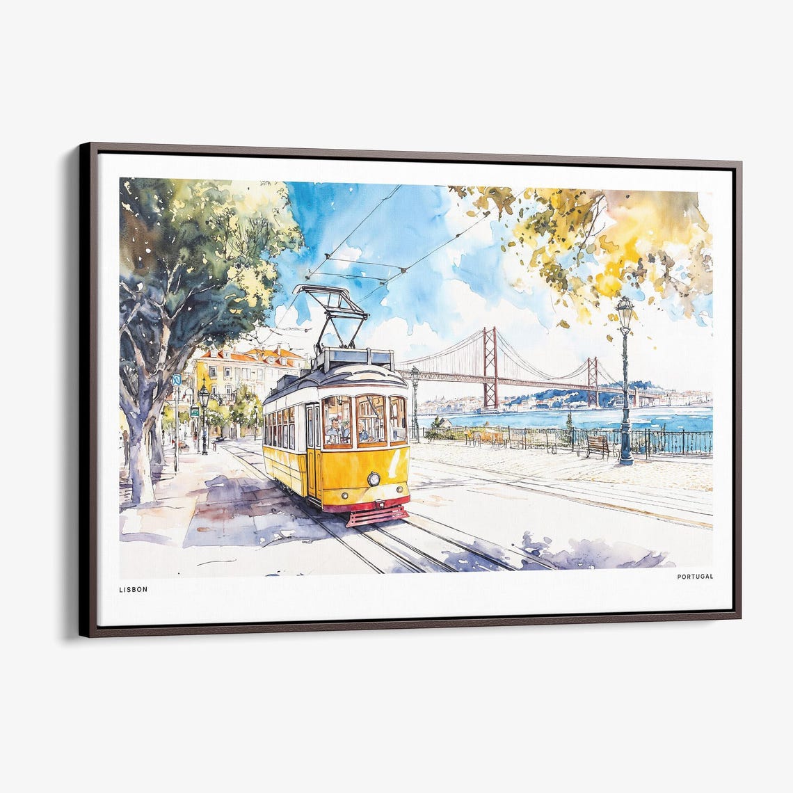 Lisbon Yellow Tram And Bridge Watercolor Travel Cityscape Poster