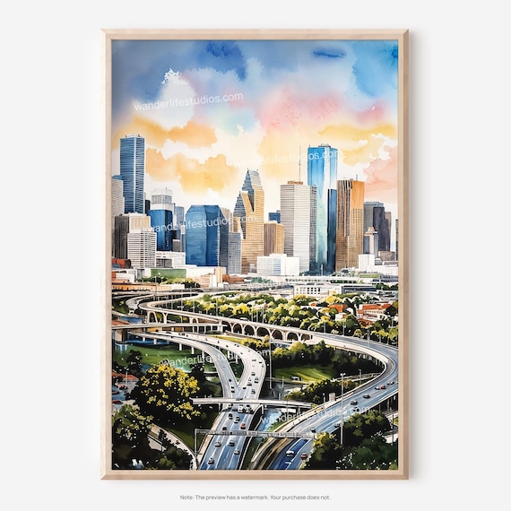 Houston Skyline Wall Art Watercolor Cityscape