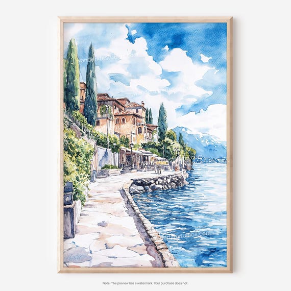 Lake Garda Wall Art Watercolor Style For Home And Office Decor
