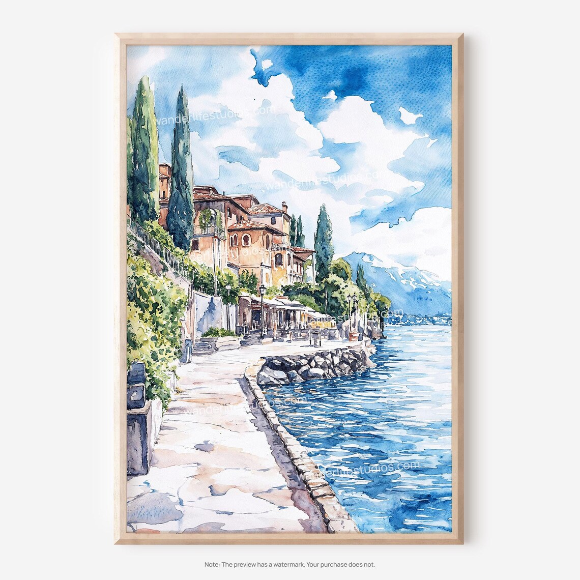 Lake Garda Italy Cypress Villa Lakeside Promenade Watercolor Poster