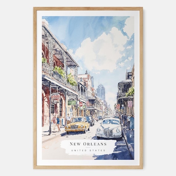 New Orleans French Quarter Watercolor Street Scene Travel Poster