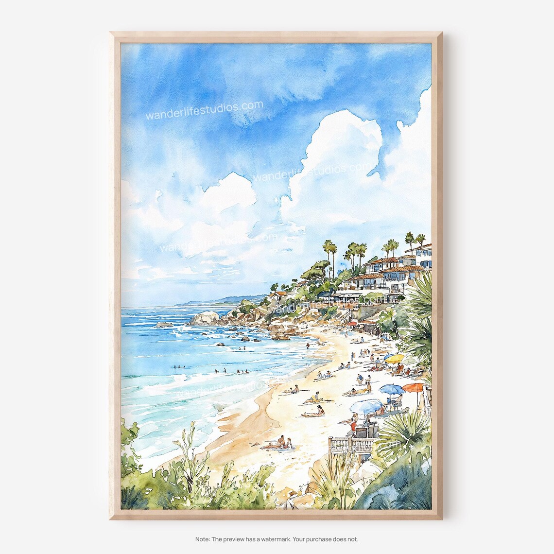 Laguna Beach California Coast Palms Beachgoers Watercolor Scene Poster