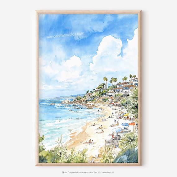 Laguna Beach California Coast Palms Beachgoers Watercolor Scene Poster