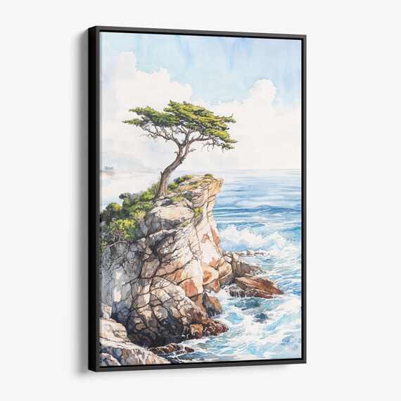 Lone Cypress Pebble Beach Coastal Watercolor Ocean View Art Poster