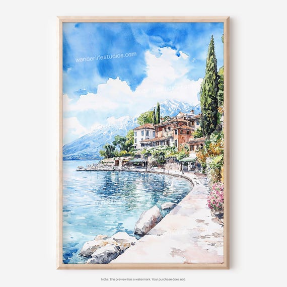 Lake Garda Wall Art Watercolor Landscape For Instant Decor