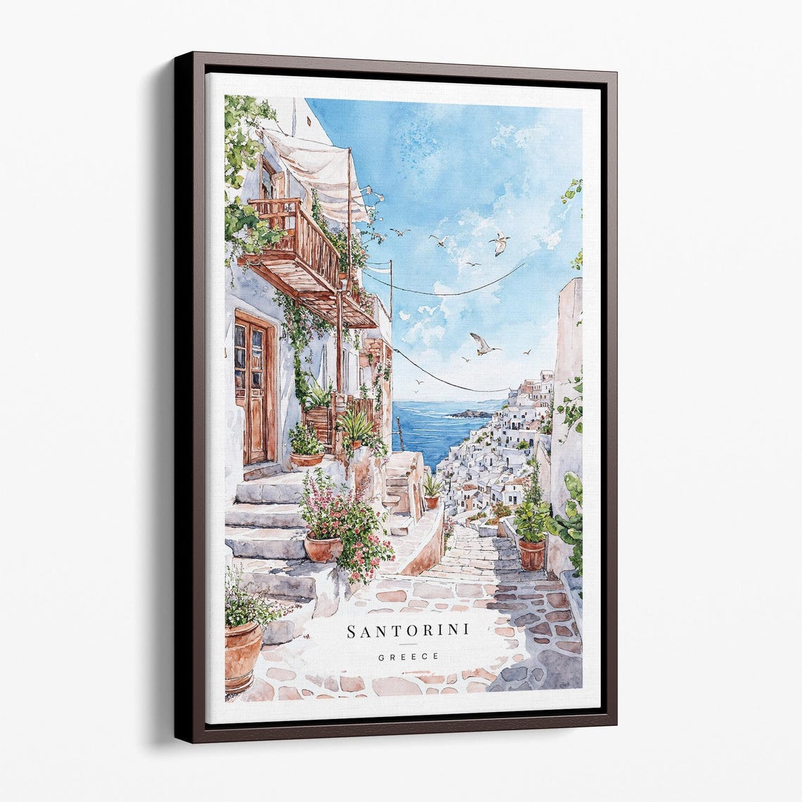 Santorini Greece Whitewashed Steps Aegean Sea Watercolor Poster