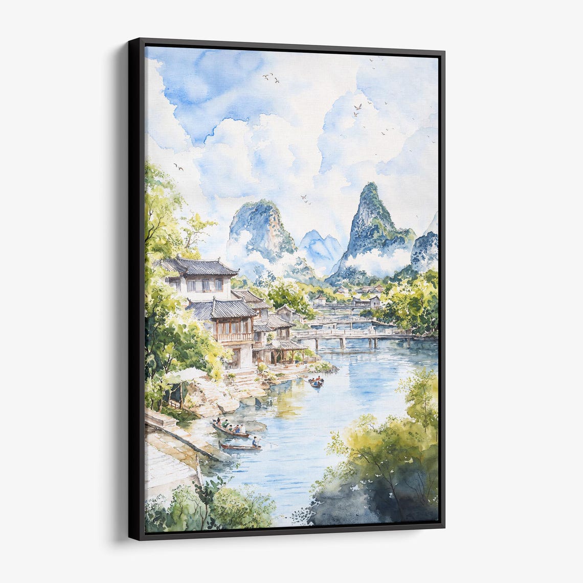 Guilin China Karst Mountains River Village Watercolor Poster