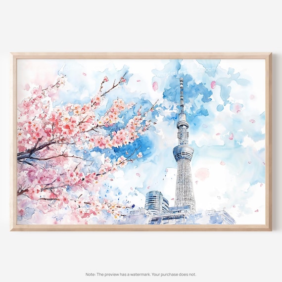 Tokyo Skytree with Pink Cherry Blossoms Watercolor Spring Poster