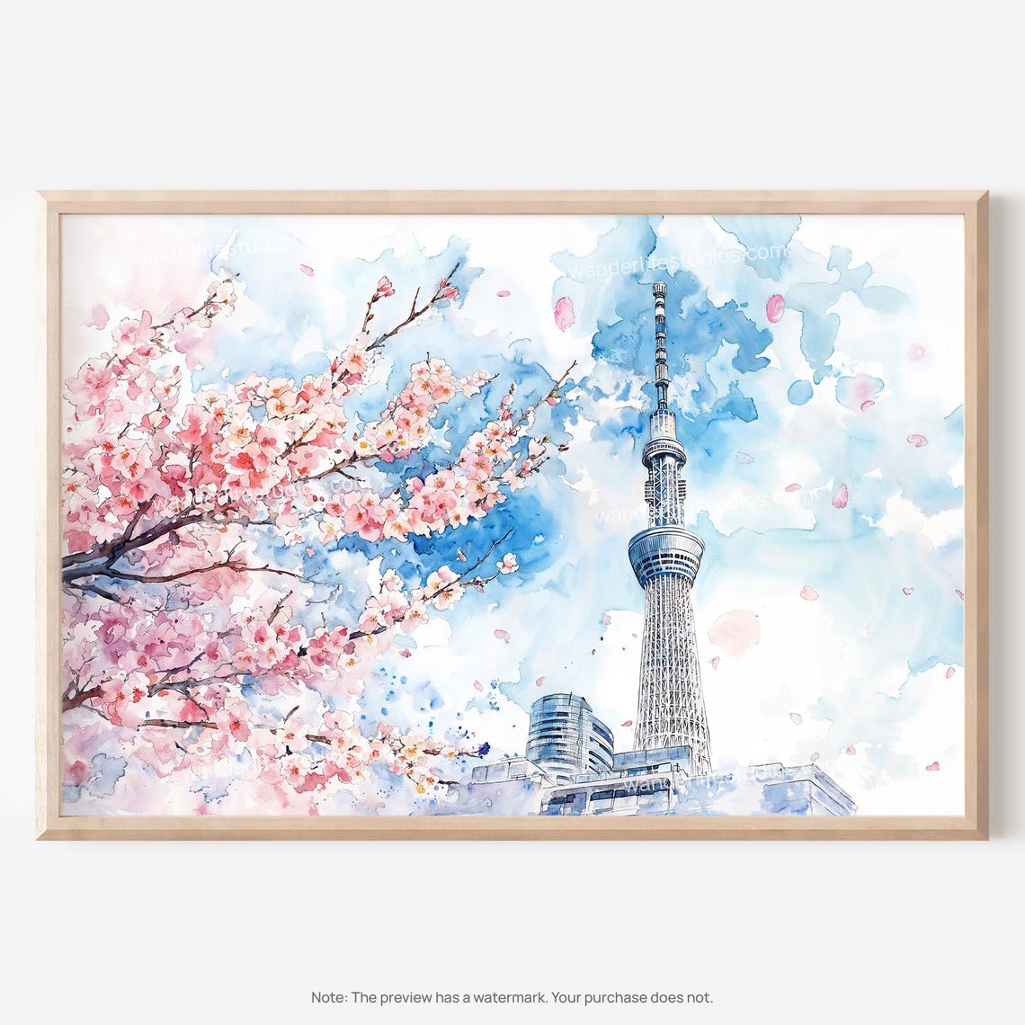 Tokyo Skytree with Pink Cherry Blossoms Watercolor Spring Poster