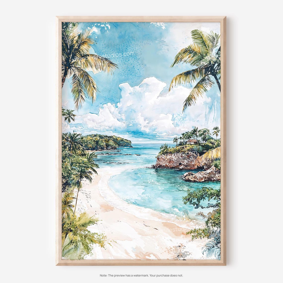 Tropical Beach Cove Palm Trees Turquoise Bay Watercolor Art Poster