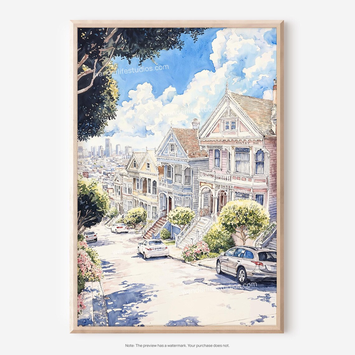 San Francisco Painted Ladies Victorian Houses Watercolor Poster